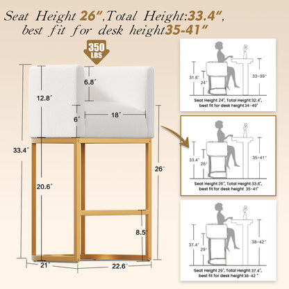 Modern Counter Height Bar Stools,Bar Stools Set of 3,Fabric Upholstered Barrel Barstools with Backs,26'' Kitchen Island Chairs,Metal Gold Frames,Off White Linen