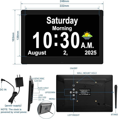 SSYA Dementia Clocks with Day and Date for Seniors,13 Alarms Custom Reminders, Extra Large Digital Calendar Clock for Elderly. (Black)