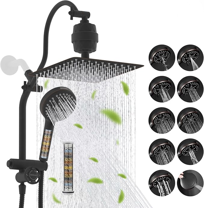 Hibbent Dual Filter All Metal 10"Rainfall Showerhead Combo, High Pressure Shower Head with 10-Spray Mode Handheld, 4-way Diverter with Pause Mode, 71'' Shower Hose & Holder, Oil Rubbed Bronze