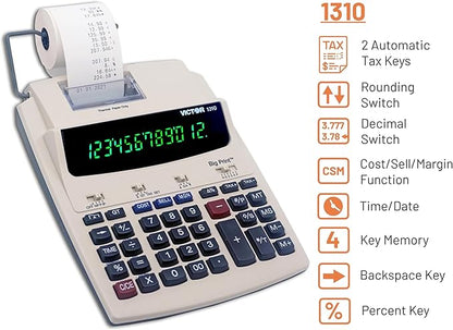 Victor 1310 Big Print Printing Calculator, 12-Digit LED Display, Fast Ink-Free Printing (8.0 LPS), Cost/Sell/Margin Keys, Advanced Business Functions, 2-1/4" Thermal Paper