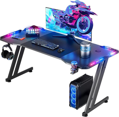 55 Inch Gaming Desk Z Shaped Carbon Fiber Computer Desk with LED | Ergonomic Gamer Desk for Home Office, Large PC Table with Cup Holder Headphone Hook and Spacious Desktop for Gaming Setup