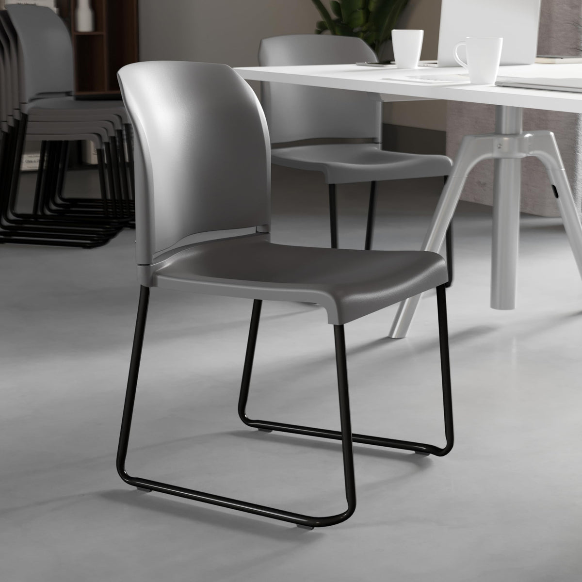 880 lb. Capacity Gray Full Back Contoured Stack Chair with Black Powder Coated Sled Base