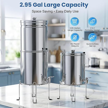 Upgrade Gravity Countertop Water Filter System,Stainless Steel Water Filter with 6-Stage Ultra Filtration,2.95 Gallon