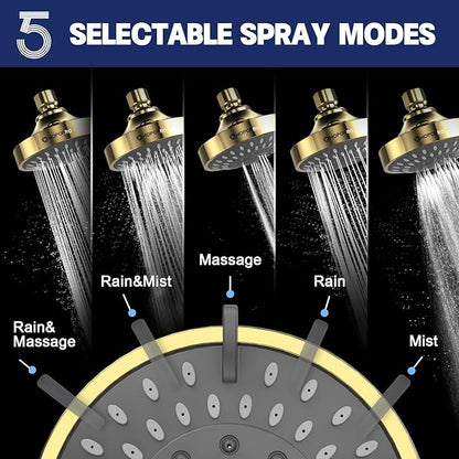 HOPOPRO 5-Mode High Pressure Shower Head - The Washington Post, NBC News, Today TV Show Recommended - High Flow Fixed Showerheads (4 Inch Gold)