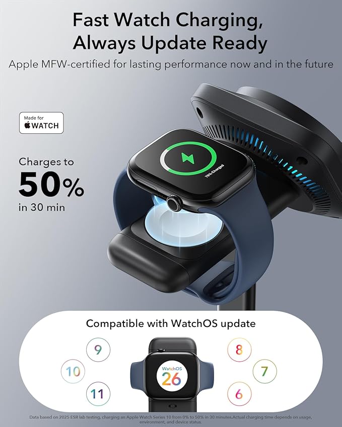 ESR for 3 in 1 Charging Station, Qi2.2 Certified 25W MagSafe Charger Stand with CryoBoost, Phone-Cooling Fast Charging Station, for iPhone 17/16 with iOS 26, AirPods, Apple Watch, Black