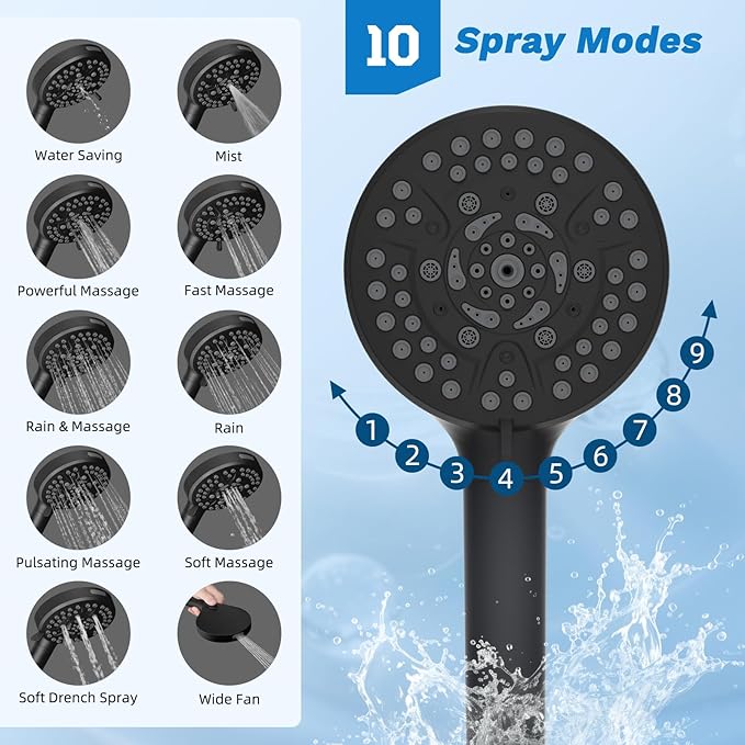 Hibbent Dual Filter All Metal 12" Rainfall Showerhead Combo, High Pressure Filter Shower Head with 10-Spray Mode Handheld, 4-way Diverter with Pause Mode, 71'' Shower Hose and Holder, Matte Black