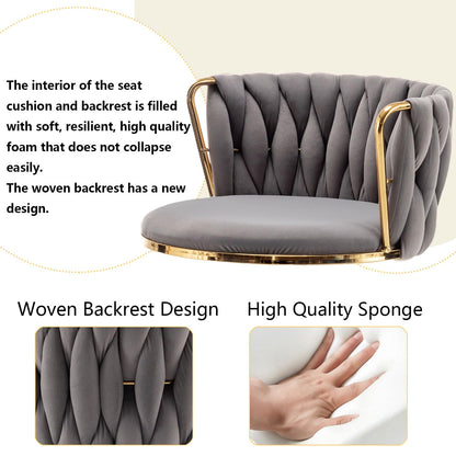 Gold Velvet Bar Stools Set of 2, Swivel Counter Height Bar Stools with Back, Adjustable Woven Barstools for Kitchen Island, Pub, Club (Grey)