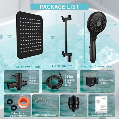 10'' Dual 20 Stage Filtered Shower Head with Handheld, 6 Spray Settings Handheld Shower Head High Pressure Rainfall Filter Combo with 12'' Adjustable Extension Arm, 71'' Shower Hose (Matte Black)