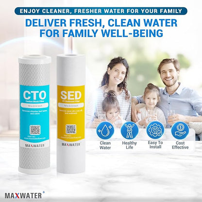 Max Water 5 Micron Replacement Water Filter Set 10” x 2.5” Sediment & Carbon Block (PP + CTO), 10 Pack