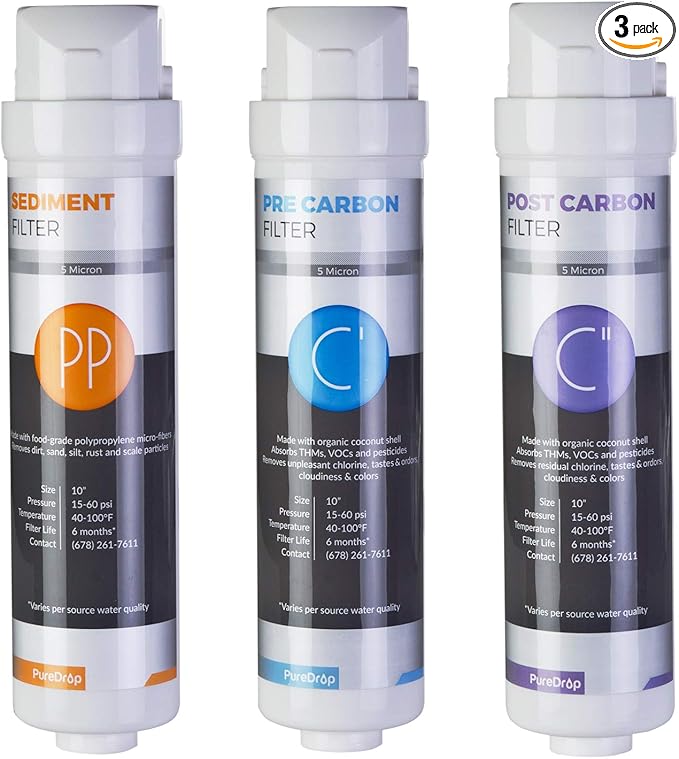 PureDrop CUW4 Ultra-filtration Under-Sink 3-Stage Prefilter Replacement Water Filter Cartridges (no membrane included)