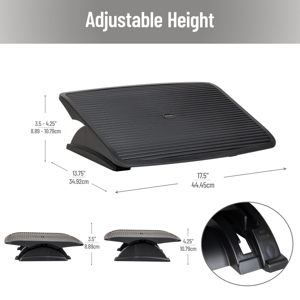 Foot Rest, Under Desk at Work, Ergonomic, Height Adjustable, Office, Plastic, Black