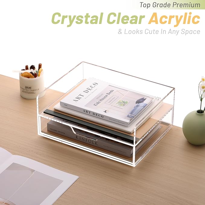 SANRUI 2-Tier Paper Letter Tray Organizer with Sliding Drawer,Stackable Desk Organizer,Acrylic Paper Tray for Office,Home or School,Clear