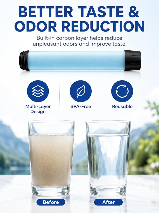22oz Water Filter Bottle, Portable Outdoor Filtered Water Bottle with Multi-Layer Filtration, Improves Taste & Reduces Odor, BPA-Free Reusable Bottle for Hiking, Camping & Travel (Blue)