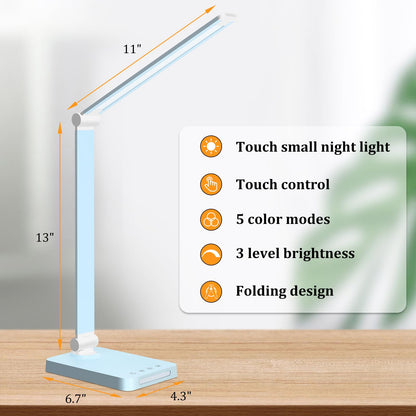 LED Desk Lamp with USB Ports,Touch Desk Lamps for Home Office with 5 Color Modes,3 Brightness Desk Light with Small Night Light,Reading Lamp Table Lamp for Bedroom Bedside Study Blue （with adapter）