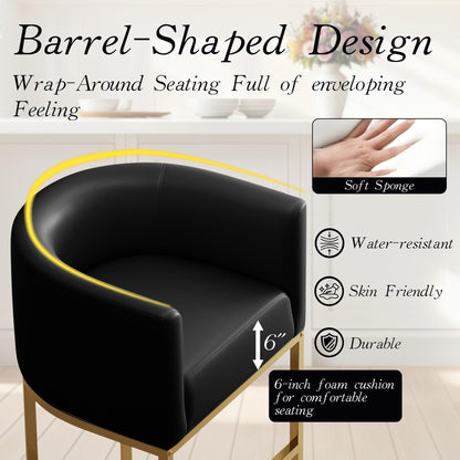 26" Modern Counter Height Bar Stools,PU Leather Upholstered Barrel Barstools with Backs,Island Chairs Bar Stools Set of 1,Metal Gold Frames,Black Leather