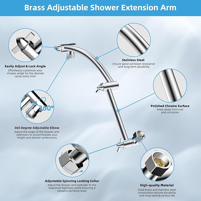 Hibbent All Metal Rain Shower Head, 8'' High Pressure Rainfall Square Showerhead with 16" Shower Head Extension Arm, Solid Brass Adjustable Shower Arm Extender, Waterfall Fixed Showerheads, Chrome