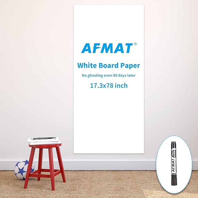 AFMAT Whiteboard Sticker, 17.3" x 78" Dry Erase Contact Paper, Stain-Proof & Super Sticky, No Ghost After 60 Days, Peel and Stick White Board Wallpaper for Home/Office/Classroom, 1 Marker