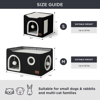 Large Cat Beds for Indoor Cats - Extra Wide Cat Cube House for Small Pet with Fluffy Ball Hanging and Scratch Pad, Foldable Pet Cave Hideaway for Multiple Cats, 23.6x16.9x13 inches, Black