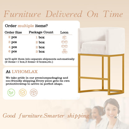 Modern Counter Height Bar Stools,Bar Stools Set of 2,Velvet Fabric Upholstered Barrel Barstools with Backs,26'' Kitchen Island Chairs,Metal Gold Frames,Beige White Velvet
