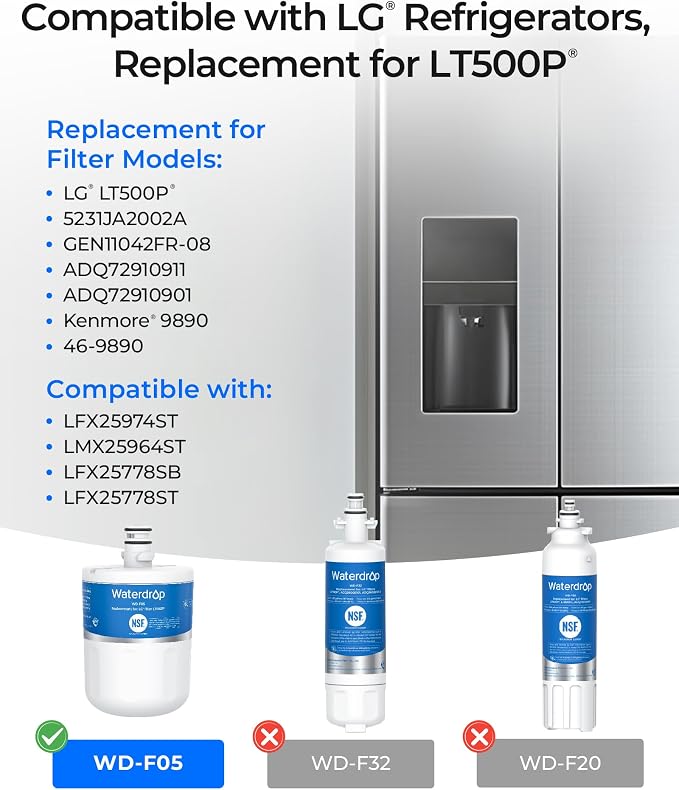 Waterdrop 5231JA2002A Refrigerator Water Filter, 4 Pack | Replacement for LG®LT500P®, GEN11042FR-08, ADQ72910911, ADQ72910901, Kenmore® 9890, 46-9890, LFX25974ST, LMX25964ST