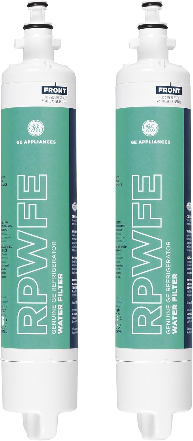 GE RPWFE Refrigerator Water Filter, Genuine Replacement Filter, Certified to Reduce Lead, Sulfur, and 50+ Other Impurities, Replace Every 6 Months for Best Results, Pack of 2