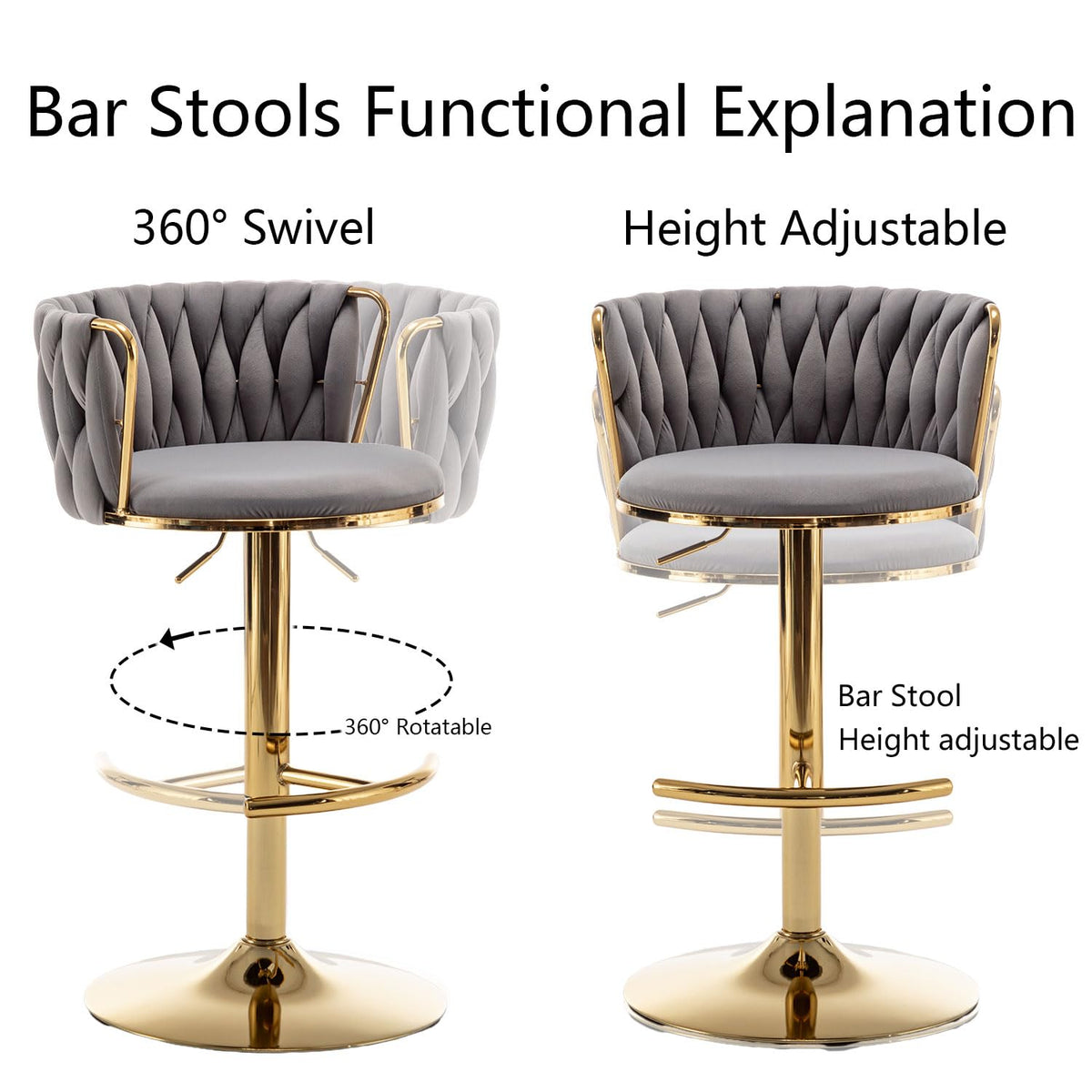 Gold Velvet Bar Stools Set of 4, Swivel Counter Height Bar Stools with Back, Adjustable Woven Barstools for Kitchen Island, Pub, Club (Grey)