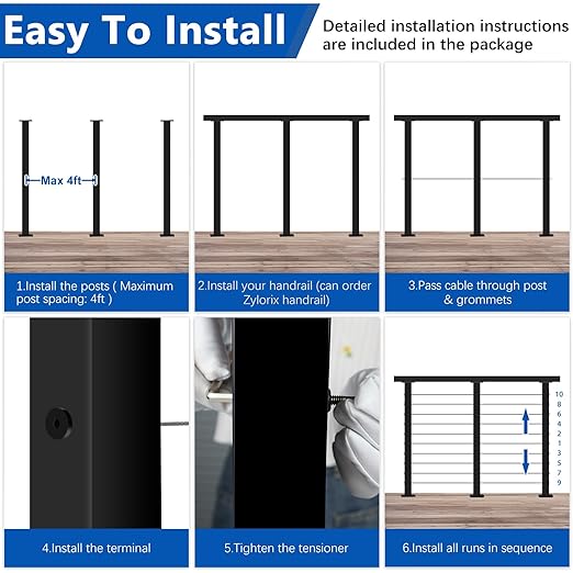 36" Modular 12-16FT Black T304 Cable Railing Post Kit, Complete Cable Railing System with 4 Level Posts & 177ft 1/8" Wire Rope(No Handrail), Adjustable Length Easy DIY for Decks/Porch