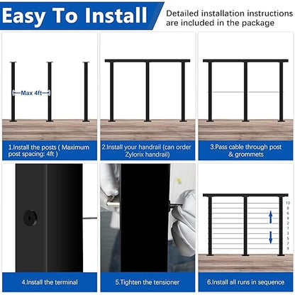 36" Modular 12-16FT Black T304 Cable Railing Post Kit, Complete Cable Railing System with 4 Level Posts & 177ft 1/8" Wire Rope(No Handrail), Adjustable Length Easy DIY for Decks/Porch