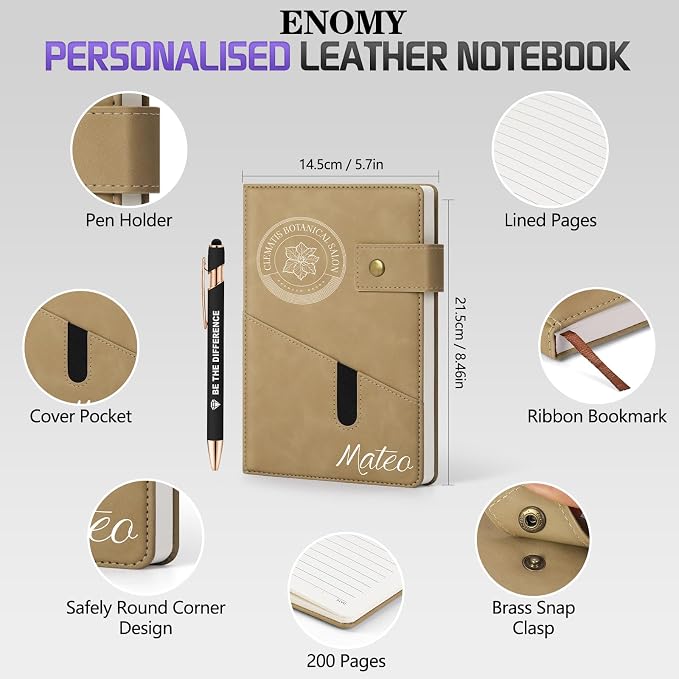 ENOMY Personalized Notebook & 10 PC Pens Set A5 Notebook with Ribbon Bookmark PU Leather Custom Notebook Cover for College Graduation Birthday Business Gifts, Black