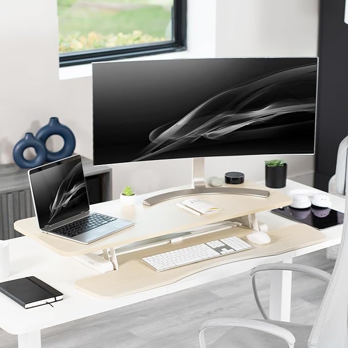 VIVO 42 inch Desk Converter, K Series, Height Adjustable Sit to Stand Riser, Dual Monitor and Laptop Workstation with Wide Keyboard Tray, Light Wood Top, White Frame, DESK-V042KF