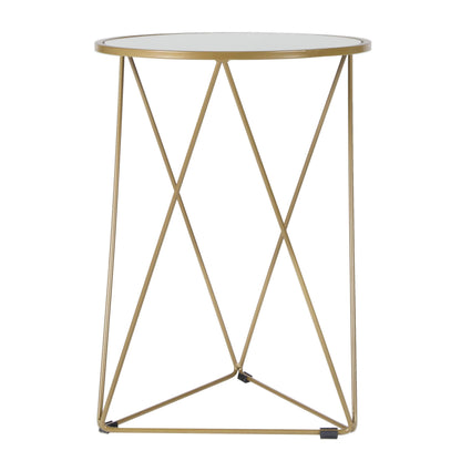 Metal Accent Table Triangle Base Round Mirror Top, Gold