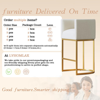 Modern Counter Height Bar Stools,Bar Stools Set of 2,Fabric Upholstered Barrel Barstools with Backs,26'' Kitchen Island Chairs,Metal Gold Frames,Off White Linen