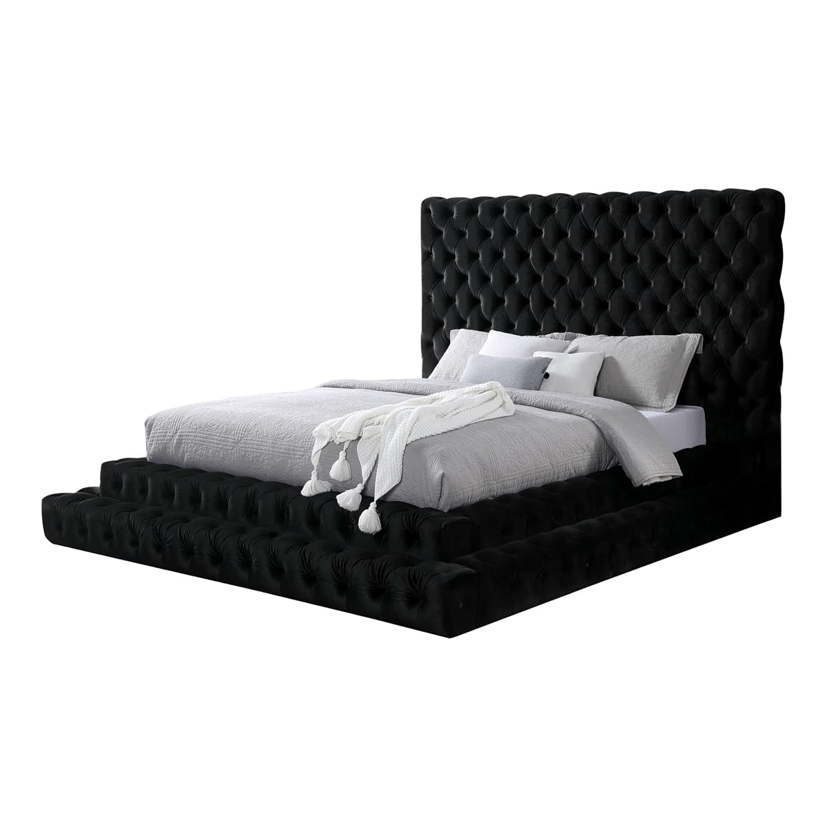 Sable Fabric Upholstered Step Up Queen-Size Platform Bed with Oversized Headboard, Deep Button Tufting, No Box Spring Required for Bedroom, Guest Room, Black