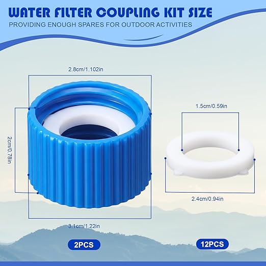 Gerrii 2 Pcs Water Filter Coupling Kit Compatible with SP150, 28 mm Threaded Filtration Couplings for Standard Plastic Bottles, Cleaning Couplers with Gasket Seals for Hiking, Camping (Blue)