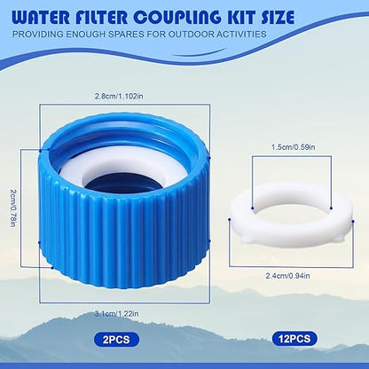 Gerrii 2 Pcs Water Filter Coupling Kit Compatible with SP150, 28 mm Threaded Filtration Couplings for Standard Plastic Bottles, Cleaning Couplers with Gasket Seals for Hiking, Camping (Blue)