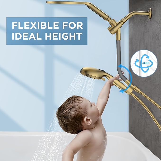 Dual Handheld Shower Head Combo, 2-in-1 Rain Shower Heads System 8 Inch Rainfall Shower Head and 10 Modes High Pressure Hand Held Showerhead with Built-in Power Wash