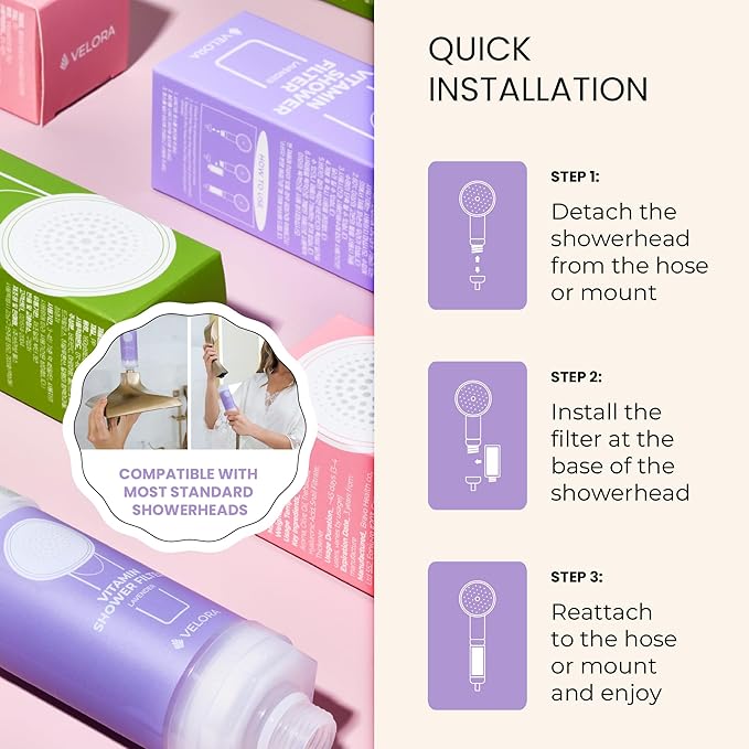 VELORA Vitamin C Shower Filter - Lavender-Scented Aromatherapy Shower Water Filter and Softener - Universal Showerhead Bathroom Attachment - Replenish Dry Skin, Soften and Nourish Hair