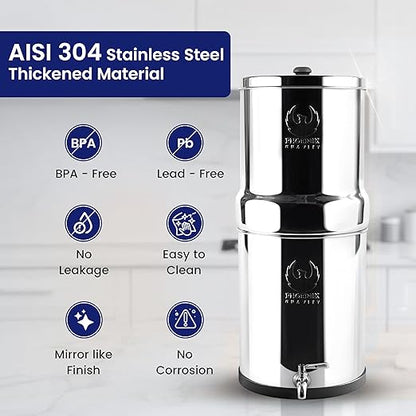 Phoenix Gravity - 4.25 G Gravity Water Filter System AISI 304 Stainless Steel Gravity Fed Water Filter System NSF/ANSI 42 & 372 Certified 2 Carbon Filter Elements & Free Stainless Steel Water Spigot