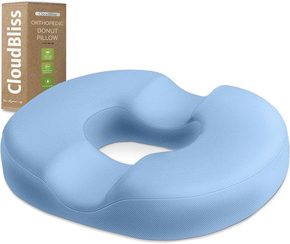 CloudBliss Donut Pillow Seat Cushion Chair Pad for Tailbone Pain Relief and Hemorrhoids, Memory Foam Seat Chair Cushion for Men and Women for Home & Office, (Light Blue-XL)