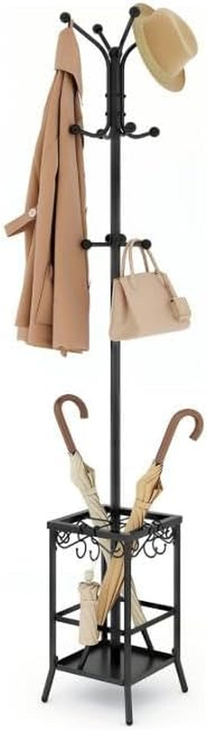 Coat Rack Freestanding, Coat Tree with Umbrella Holder, Metal Coat Rack Stand with 12 Hooks, Standing Coat Hanger Stand, Umbrella Stand for Entryway, Hat Rack Stand for Home Office, Black