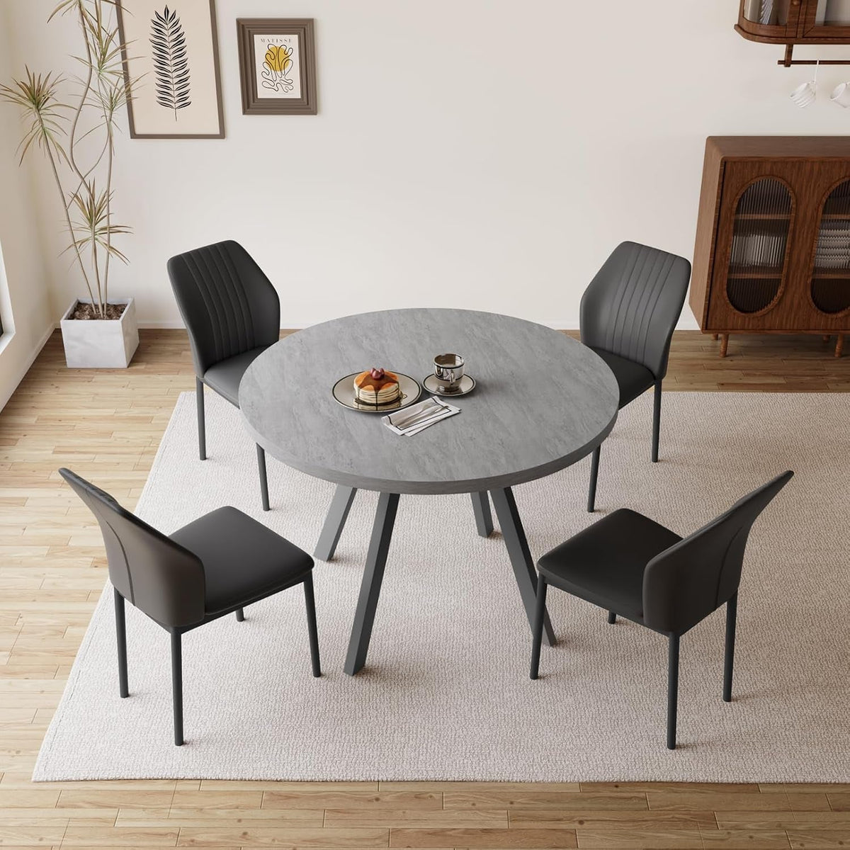 34.6'' round Dining Table and Chairs for 4, Mid Century Modern round Table Set, Space Saving for Apartment Kitchen Dining Room (Grey Table+4 Black Chairs)
