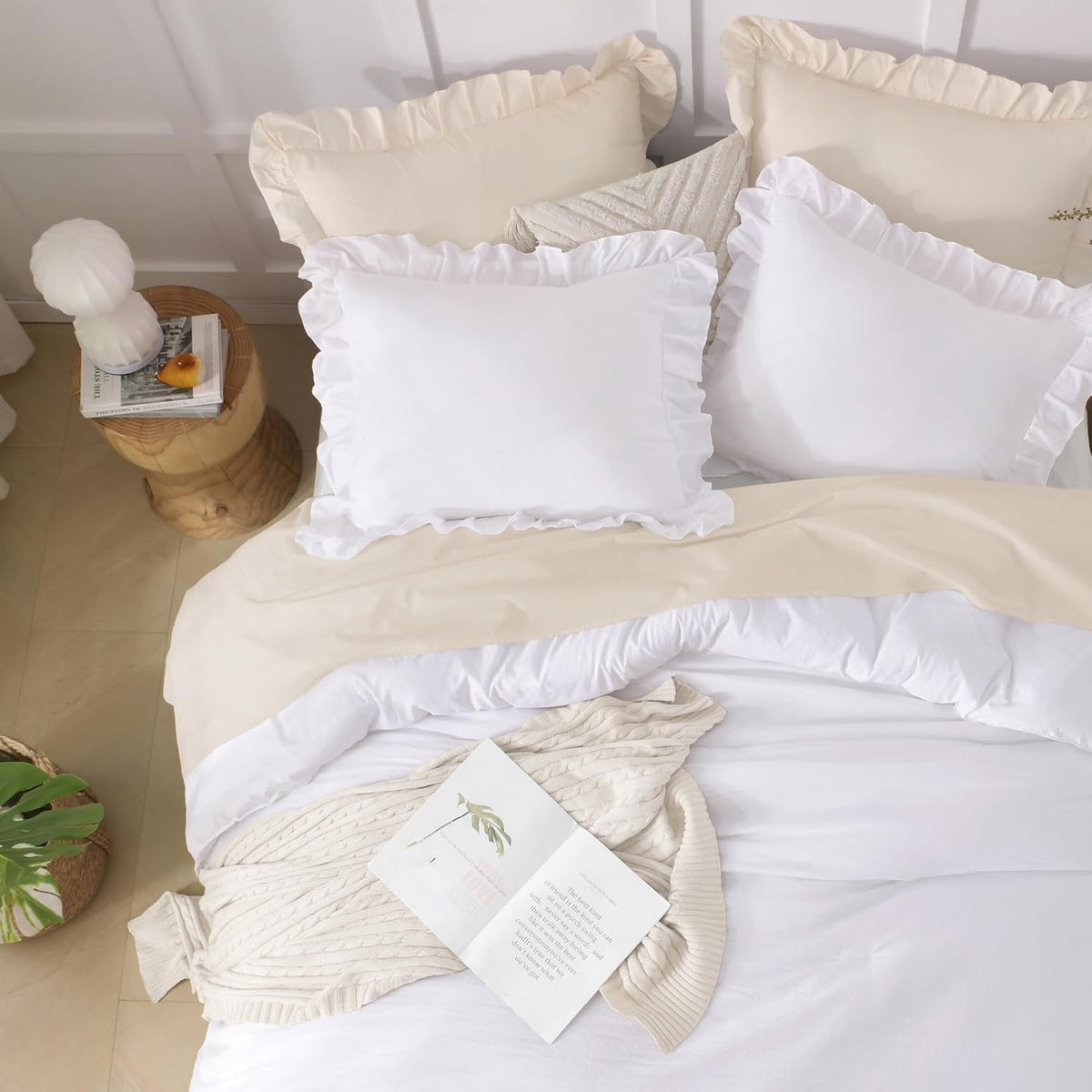 Comforter Full Size Set White, 3 Pieces Ruffle Farmhouse Shabby Chic Gift Full Comforter Set, Soft Lightweight Fluffy All Season Room Decor Bed Set for Girls Women Teens Daughter