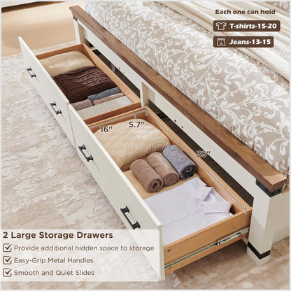 Farmhouse Queen Size Bed Frame W/ 54" Tall Geometric Headboard, Rustic Wood Platform Bed W/ 2 Large Storage Drawers, Wood Slats Support, Noise Free, No Box Spring Needed, Antique White