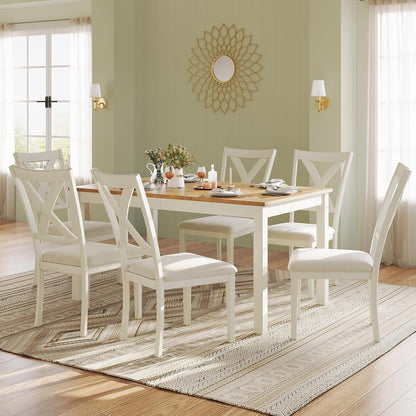 7-Piece Farmhouse Dining Set, 60-Inch Table, Rustic Cream