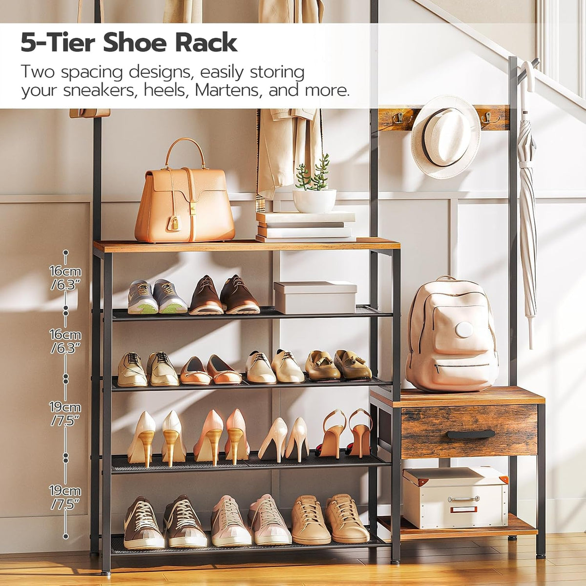 Hall Tree with Shoe Bench, Drawer and Coat Hooks, Rustic Brown