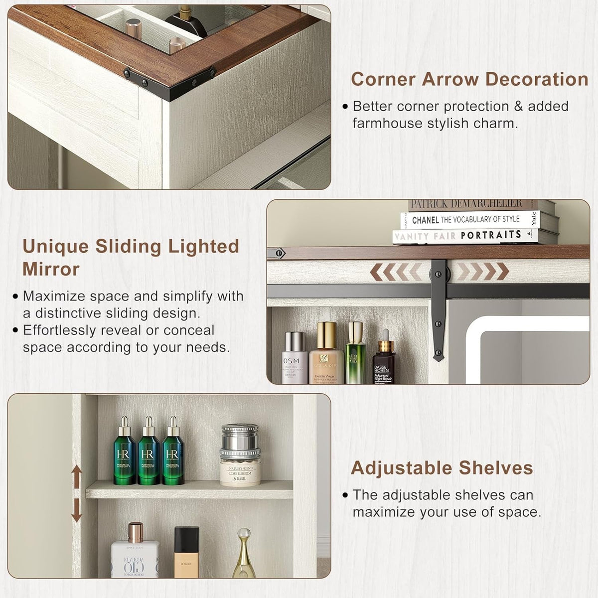 Farmhouse Makeup Vanity Desk with Sliding Mirror and Lights, 42" Glass Top White Vanity Set with Charging Station & 4 Drawers & 2 Cabinets, Dressing Table with Stool for Bedroom