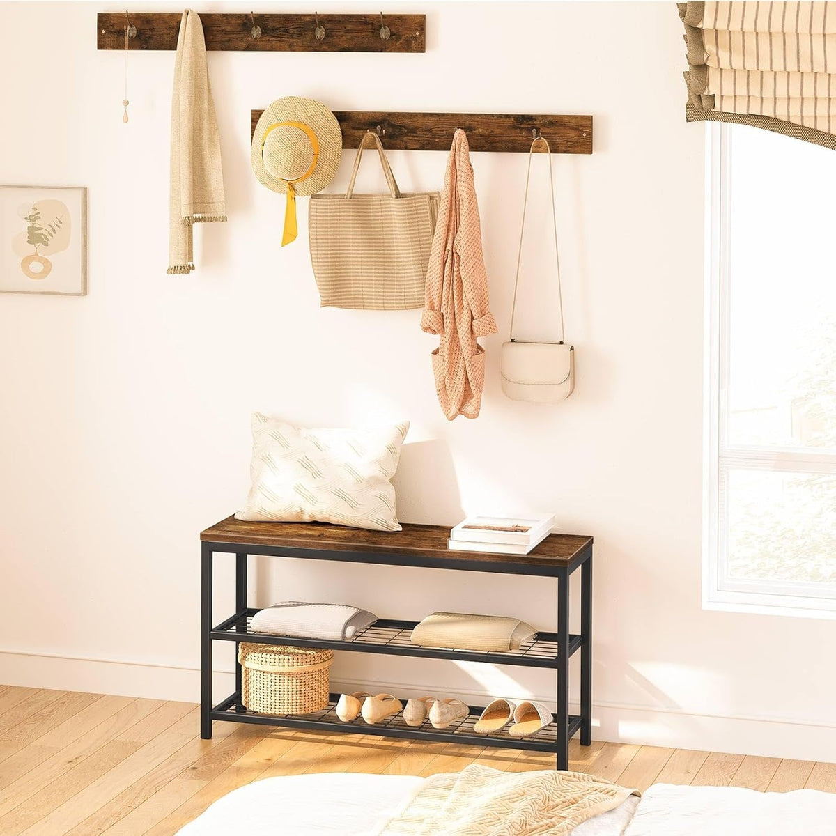 Hall Tree with Bench, Coat Rack Shoe Bench Set, Entryway Shoe Rack with Coat Hooks, Hall Tree Coat Rack, Mud Room, Industrial, for Foyer, Front Door, Rustic Brown BF07MT01