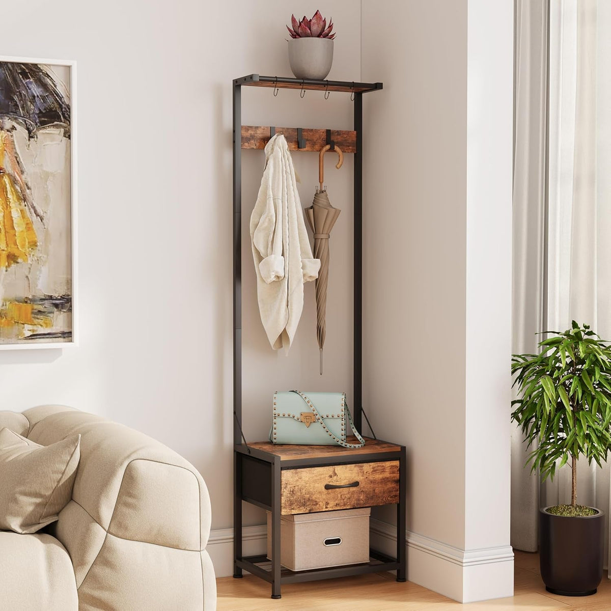 Hall Tree with Shoes Bench, Small Coat Rack with Fabirc Drawer and Shelf for Bedroom, 4-In-1 Entryway Organizer with Shoes Stool for Living Room, Entryway, Closets (Rustic Brown)