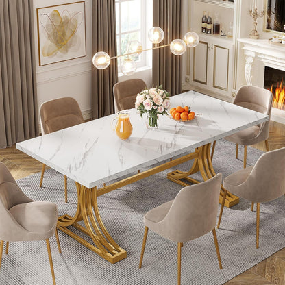 63-Inch Rectangular Dining Table for 4 to 6, Modern Kitchen Table with Stylish Metal Trestle Legs, Large Dinner Table for Dining Room, Chair Not Included (Grey+Black)