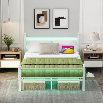 Full Size Bed Frame with Charging Station & LED Lights, Full Metal Platform Bed Frame with Headboard and Footboard, Storage Space under Bed, No Box Spring Needed, Noise Free, Easy Assembly, White